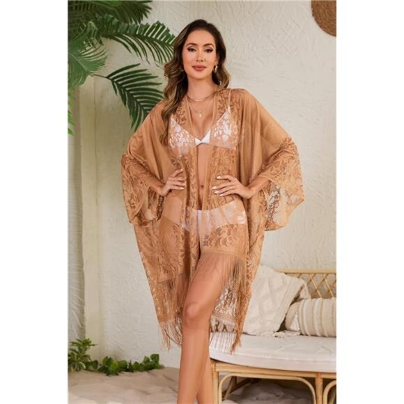 Sexy Elegant Lace Kimono Cover Up Khaki